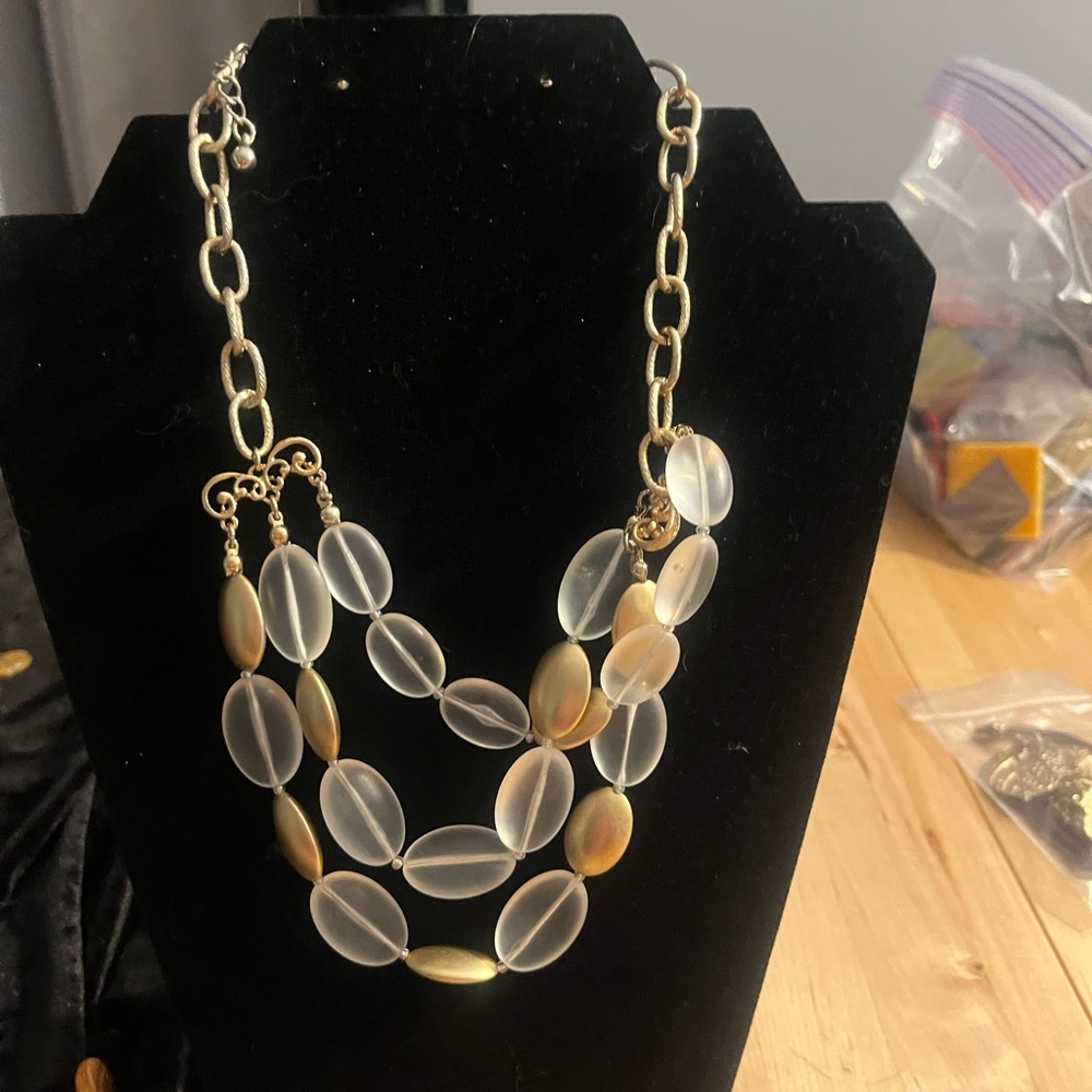 Elegant Gold and White Necklace with Multi-Strands and Natural Stones